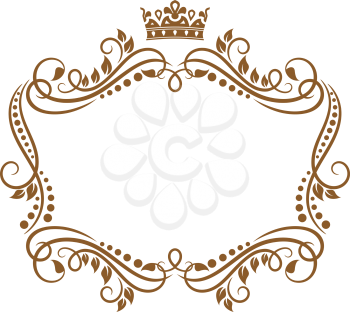 Retro frame with royal crown and flowers for wedding or heraldry design