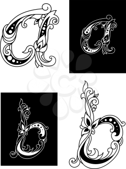 Two floral letters A and B in retro style isolated on white and black background