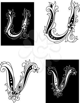 U and V letters in retro floral style isolated on background