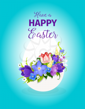Happy Easter greeting card template of paschal egg and spring floral bunch or flowers bouquet of crocuses tulips, snowdrops and lily. Vector Easter hunt design for Resurrection Sunday religion holiday