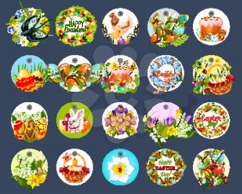 Easter tag and round label set. Easter egg, rabbit bunny, spring flower, cake, chicken, chick, floral wreath of coloured egg, tulip, lily and narcissus flowers, swallow bird, ribbon bow, butterfly