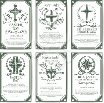 Easter cross religious poster set. Crucifix cross symbol with laurel wreath, palm branches and flying dove birds, supplemented by text layouts for Easter holiday banner and flyer design