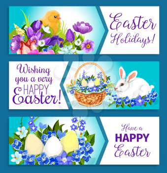 Easter Holiday paschal hunt eggs, bunny and chicks in wicker basket. Happy Easter banners design of spring flowers crocuses, daffodils and tulips or willows for springtime religion greetings