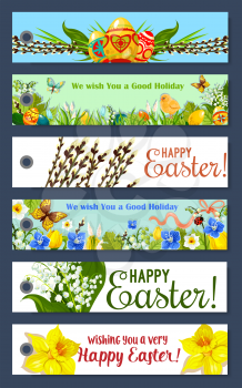 Easter holiday floral tag and gift label set. Decorated Easter egg in green grass with flowers of lily, tulip and narcissus, chicken chick, butterfly, ribbon and willow twig banner for Easter design