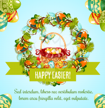 Easter egg hunt basket greeting poster. Easter egg and wicker basket framed by spring floral wreath of lily, tulip flower and ribbon banner with wishes of Happy Easter Holiday for greeting card design
