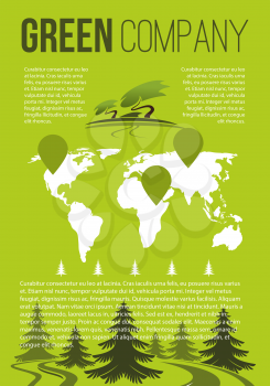 Green nature and eco environment company brochure template. Vector forest trees and park gardens greenery in world map for gardening or planting infographics poster. Ecology protection concept