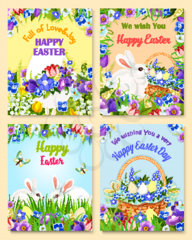 Happy Easter greeting cards set. Vector paschal hunt design of eggs and bunny. Bunch of spring flowers narcissus, crocuses, daffodils and lily tulips in wicker basket. Easter wishes for religion holid