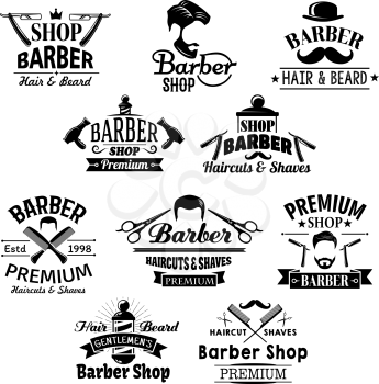 Barber shop icons. Beards, mustaches and barber tools shaving razor or scissors, hairbrush comb and hair dryer. Vector isolated template set barbershop salon, premium hairdresser coiffeur or haircutte