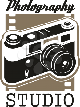 Photo studio icon. Photographer studio symbol of photo camera with photographic film on background. Isolated retro camera sign for photography studio design