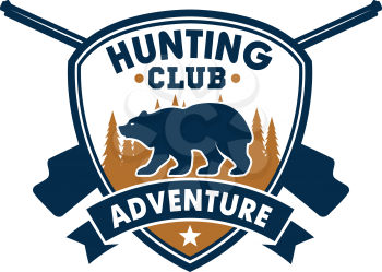 Hunting club and outdoor adventure symbol. Wild bear and forest trees on heraldic shield with crossed rifles and ribbon banner. Membership badge for hunt club, hunting camp, sports competition design