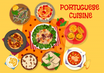 Portuguese cuisine lunch icon with grilled sardine, chicken stewed in wine with rice, fish tomato soup, custard tart, octopus bean salad, fried rabbit, dried cod, cream dessert with almond