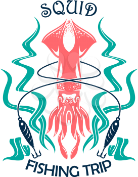 Fishing sport icon of squid with lure, line and seaweed. Sea fishing trip symbol, squid fishing tour emblem design