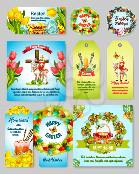 Easter gift tag, greeting banner and poster set. Easter egg and cake with spring flower, rabbit bunny and egg hunt basket with floral wreath, Easter lamb with crucifix cross, tulip, lily and narcissus