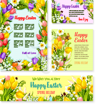 Happy Easter greeting banner template set. Easter egg and blooming spring flower of tulip, lily and narcissus, willow twigs and leaf with text layouts for Easter greeting card, poster, flyer design