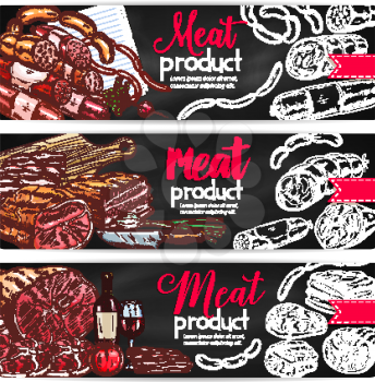 Meat and sausage barbecue menu banner set. Beef and pork sausages, ham, salami, bacon, frankfurter and gammon chalk sketches with wine and fresh vegetables for butcher shop and restaurant design
