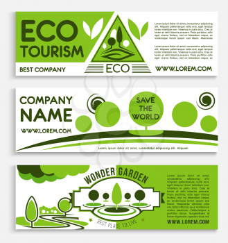 Eco travel and tourism banner template. Ecology and environment protection, responsible travel and outdoor adventure tour flyers with green tree, plant and leaf symbol for green business design