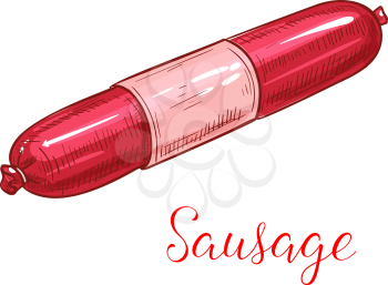 Meat sausage sketch. Red package of salami, ham or pepperoni with blank label. Smoked sausage isolated sign for food packaging, butcher shop or grocery store design