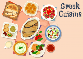 Greek cuisine tasty dishes icon of vegetable salad with feta cheese, olive bread, fish roe and cucumber yogurt dip sauce, battered fish fillet, eggplant casserole moussaka, fruit salad, nut cake
