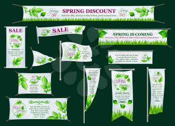 Spring sale season banner, poster stand, signboard and flag template. Fresh green branch round frame with leaf, grass and text layouts for springtime shopping street advertisement design