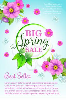 Big Spring Sale vector poster with floral design of blooming and blossoming pink flowers bouquet. Green spring nature template shopping discount and holiday online web store sales
