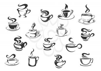 Coffee vector icons of vector espresso cup, cappuccino or moka mug, americano, ristretto or frappe, latte macchiato or hot chocolate drink. Isolated emblems set for cafe menu, cafeteria or coffeehouse