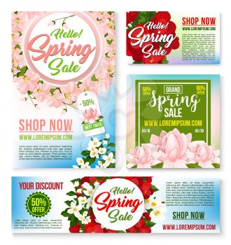 Spring Sale vector tags, banners set and posters with flowers and floral design for springtime holiday shopping promo discount offer. templates of blooming pink and red spring flowers and cherry bloss