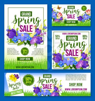 Spring Sale web site templates set for shop or store posters and banners. Vector holiday shopping discount offer design of springtime flowers crocuses, daffodils and lily floral bouquets with prices