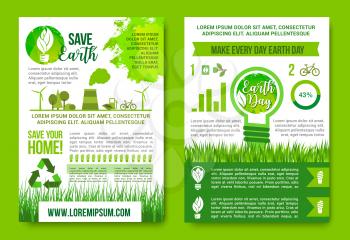Earth Day vector posters or infographics templates for green energy and recycling concept. Save Earth design of nature trees or eco forest and symbols of global environment pollution and ecology conse