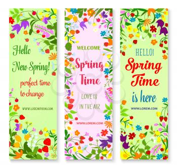 Hello Spring greetings with flowers. Vector banners set with welcome spring quotes and floral design. Springtime blooming flowers bouquets of poppy and tulip blooms and daisy blossoms with garden berr