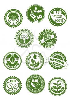Eco green and natural food, bio, organic product symbol set. Green stamp badges with farm fresh apple fruit, leaf, tree, plant in hands and water drop for healthy product packaging label design