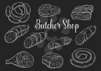 Meat product sketches on chalkboard. Fresh beef steak, sausage, ham, pork bacon, salami, gammon, frankfurter and pepperoni. Butcher shop and meat store menu board or food packaging label design