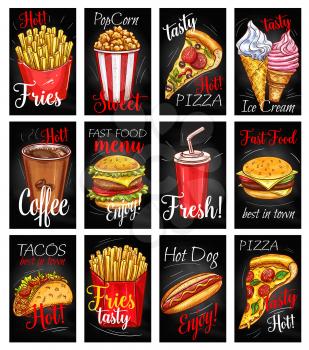 Fast food restaurant menu chalkboard poster set. Hamburger, pizza, hot dog, french fries, coffee, cheeseburger, sweet soda drink, taco, ice cream cone and popcorn sketch card. Fast food cafe design