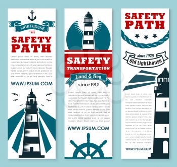 Lighthouse, nautical safety banner set. Old lighthouse tower symbol with light beam, sea anchor, helm, rope and ribbon banner for marine and land navigation aid, sea travel design