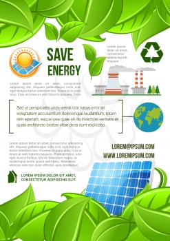 Save Energy poster for ecology and nature conservation and pollution protection. Vector design of alternative electricity sources of solar panels, trees and energy plants for environment eco recycling