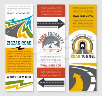 Road trip and safety travel company banners set. Vector templates for highway or tunnel construction and transportation or tourist journey service. Symbols of motorway and drive lane marking