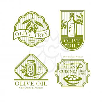 Olive oil labels and icons set. Olive tree branch for Italian cuisine, extra virgin food product packaging. Vector symbols for natural organic food store, cooking or pharmaceutical industry