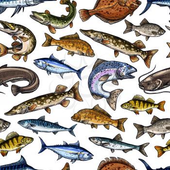 Fish or fishing seamless pattern of vector salmon or trout and tuna, sprat mackerel or flounder. Catch of fresh pike and perch and carp, sheatfish or catfish, herring and marlin