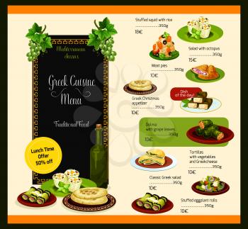 Greek cuisine vector template for restaurant lunch menu. Traditional meat dishes, vegetable salads and soups or appetizer snacks and desserts of Greece and Mediterranean traditional food