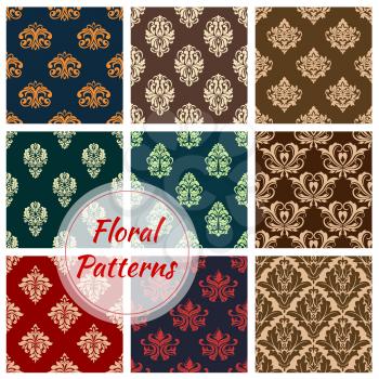 Damask floral seamless pattern of flourish tracery ornament and flowery adornment. Vector set of luxury ornamental and antique flowers and baroque or rococo vintage motif design for interior decor til