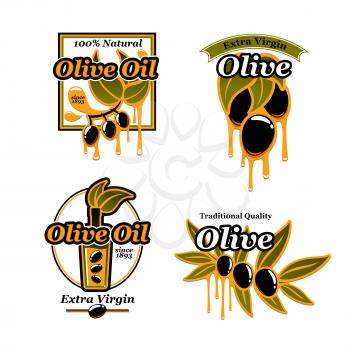 Olive oil icons of fresh green or black olives and bottles. Olive tree fruits vector symbols set for healthy Italian cuisine or extra virgin sort food product packaging