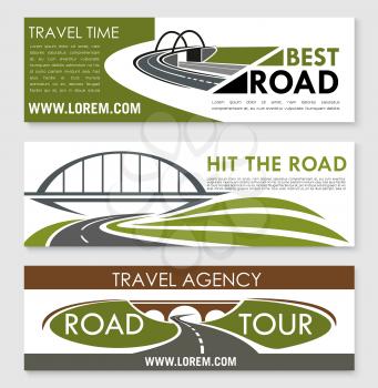Travel company or tourist agency banners. Vector set of templates or road trip ways for car tour and bus journey with design of highways or motorways adventure routes, bridges and pathway tunnels