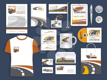 Brand or company corporate vector templates for safety road construction or repair corporation, transportation, travel and tourism agency. Branded accessories apparel and office stationery set