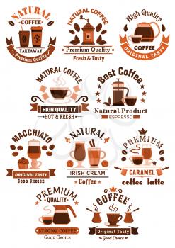 Coffee shop, cafe and cafeteria vector icons. Symbols of coffee makers and beans, cups of strong espresso, americano frappe or chocolate with biscuits and muffin desserts for coffeehouse design