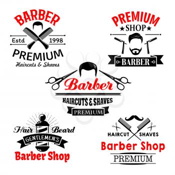 Barber shop vector icons set. Symbols of man beards and mustaches and scissors for premium hairdresser coiffeur or hipster trend haircutter. Shaving razor and hairbrush comb for barbershop salon or st