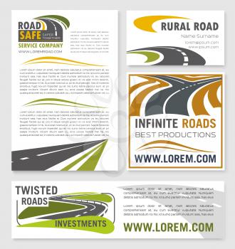 Road construction or development investment company vector banners and corporate posters template. Design of highway routes or motorway elements and symbols for business card