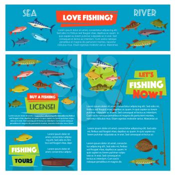 Fishing vector posters and banners set for fisherman club or trip tour license information. Design of fisher tackle floats and fishing rods, big fish catch of sea salmon or river trout, tuna and marli