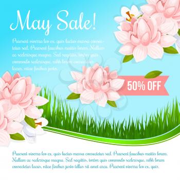 May Spring Sale vector poster with lotus flowers or orchid blossoms for springtime shopping and holiday price discount offer. Floral design template of blooming spring nature and flourish fields