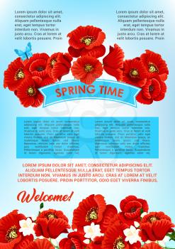Spring time flowers vector poster design of blooming poppy flourish wreath and cherry blossom branches. Greeting springtime holiday wishes and quotes with orchids and butterflies