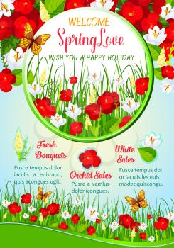 Spring season floral greeting poster template. Blooming field of spring flowers with crocus, flowering herbs, green grass and flying butterfly. Springtime holidays festive banner, card design