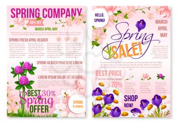 Spring season sale floral poster template. Best price offer, clearance sale banner with blooming spring flower of crocus, daisy, clover, orchid, lotus, green leaves and branches with text layout
